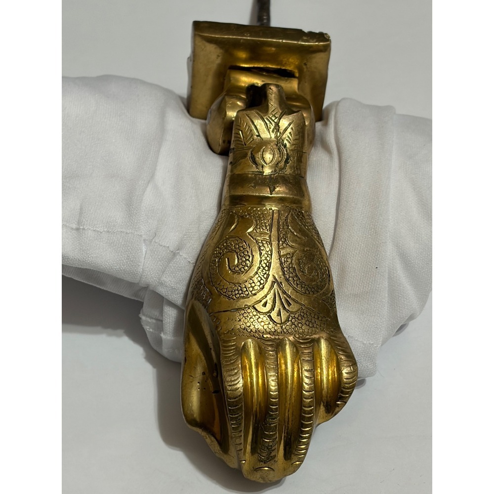 Antique Solid Brass Hand of Fatima Scrollwork Engraved Door Knocker w/Plate